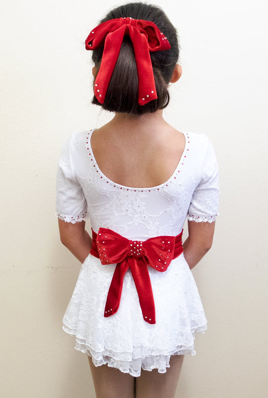 Figure Skating Competition Dress, Showcase, White lace with velvet ribbon.