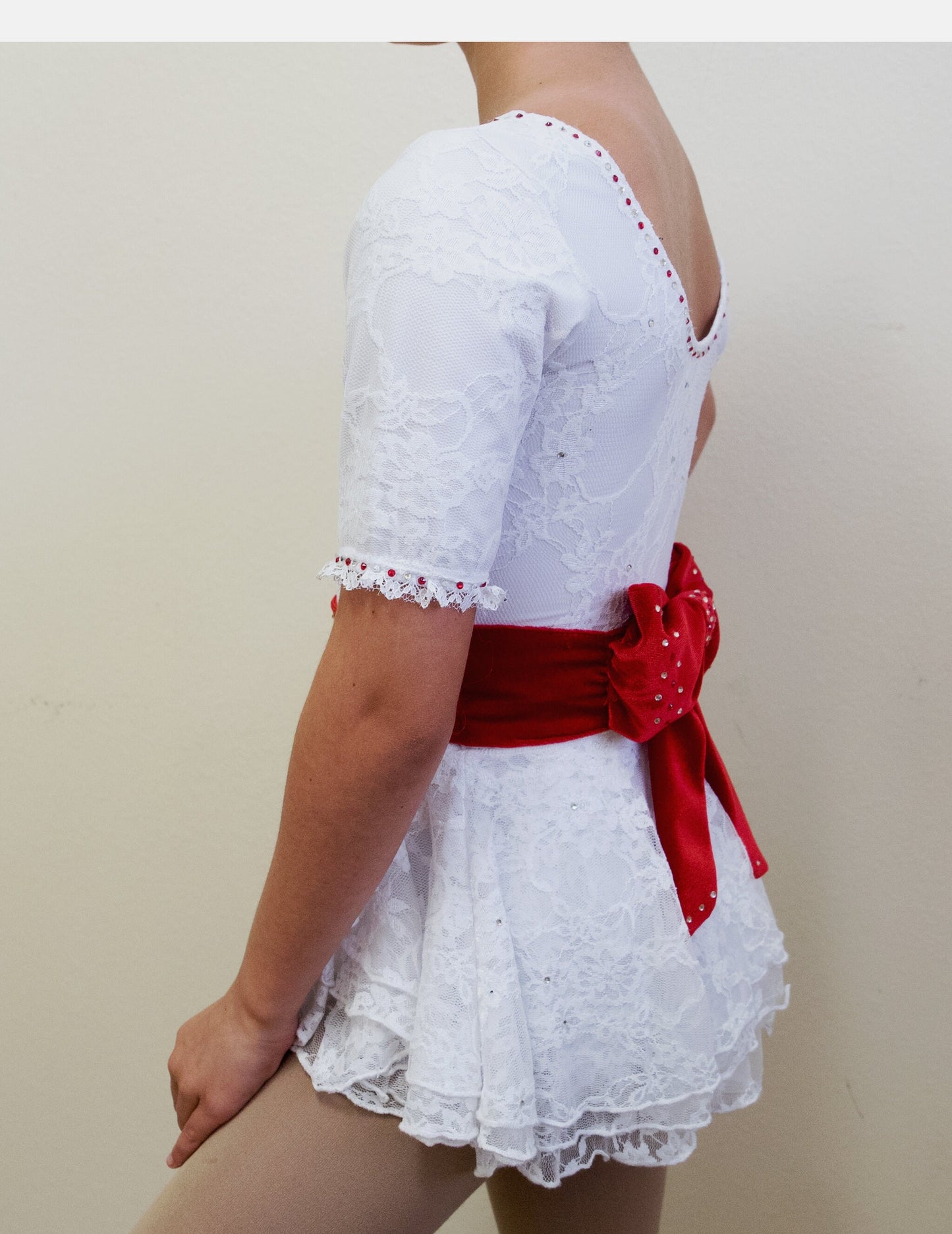 Figure Skating Competition Dress, Showcase, White lace with velvet ribbon.